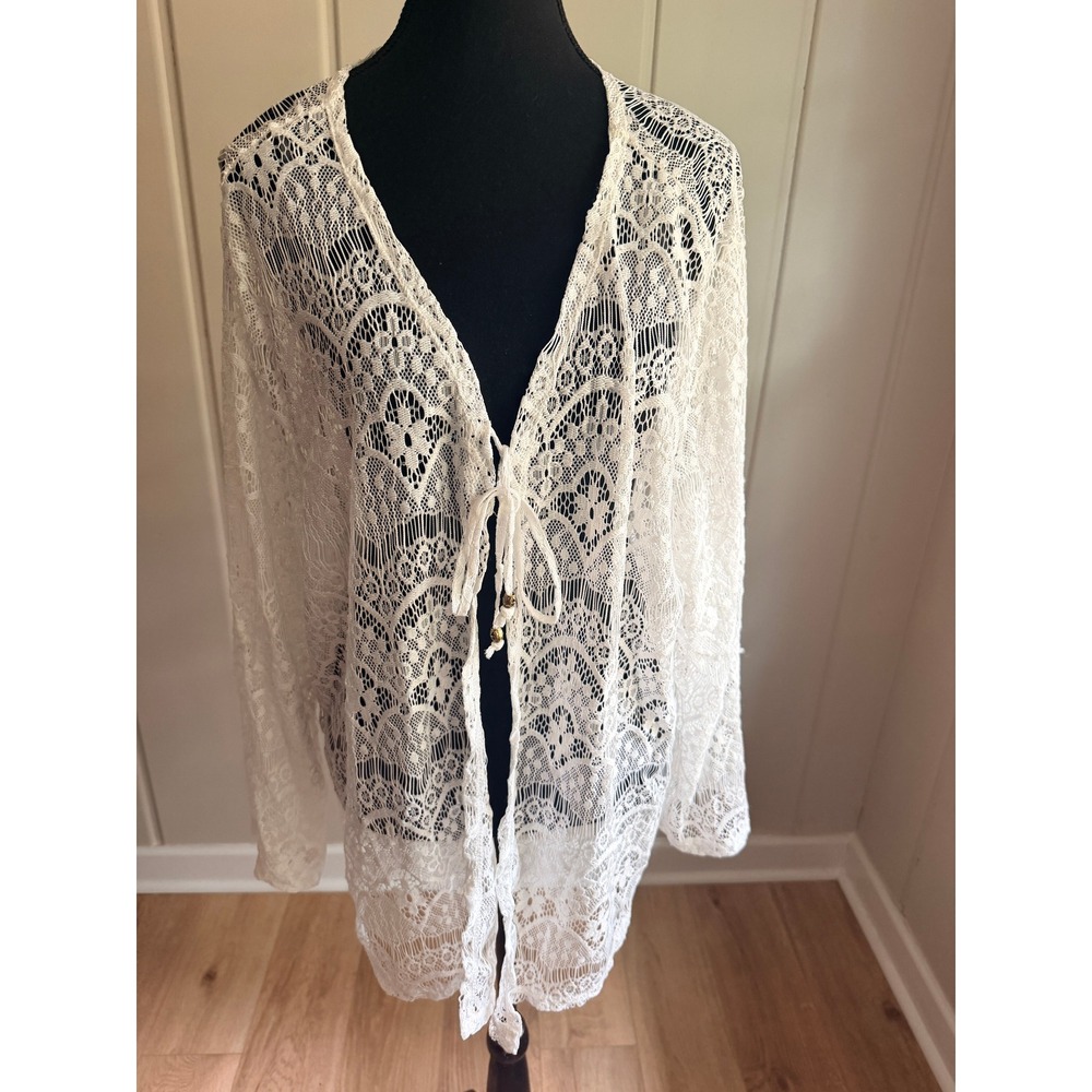 Indigo Rose White Lace Sheer Tie Front Cardigan Kimono Wrap Plus Size 2X NWT